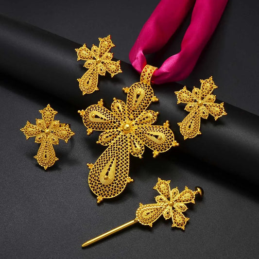 Ethiopian Cross Jewelry sets Silver/Gold Color Necklaces Earrings Ring Hairpin Eritrean African Ethnic Wedding