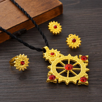 Dubai Africa Golden Color Cool and Fashion Jewelry Set Rudder Design Pendant Earrings Ring Ethiopian Bridal Wedding Gift