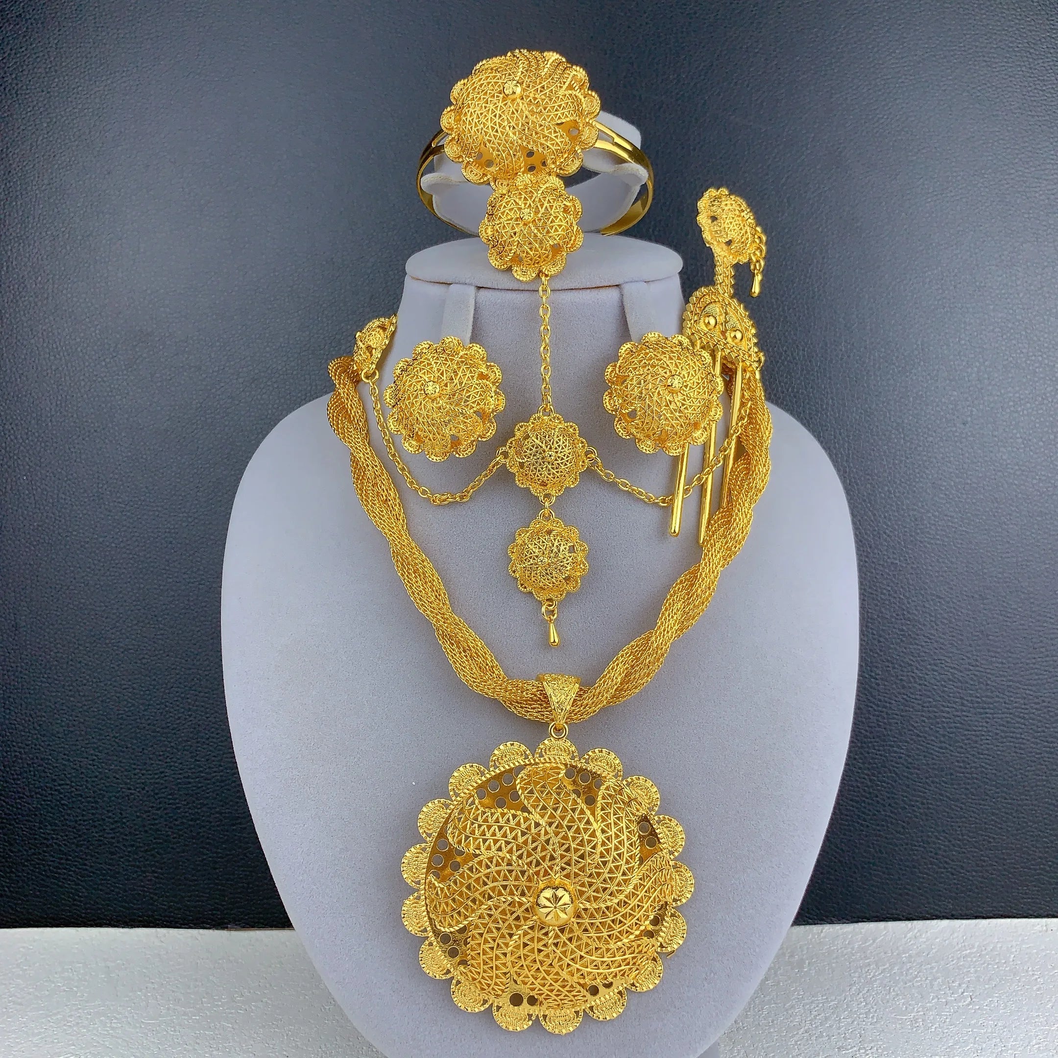 Dubai Ethiopian Twisted Necklace Sets For Women 6pcs Wedding Gold Plated African Jewelry Set Indian Jewellery Anniversary Gifts