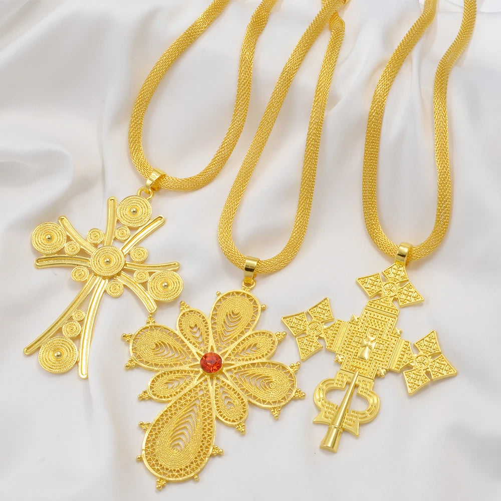 Ethiopian Big Cross Pendant Necklaces for Women  Gold Color Eritrean African Ethnic Traditional Jewelry