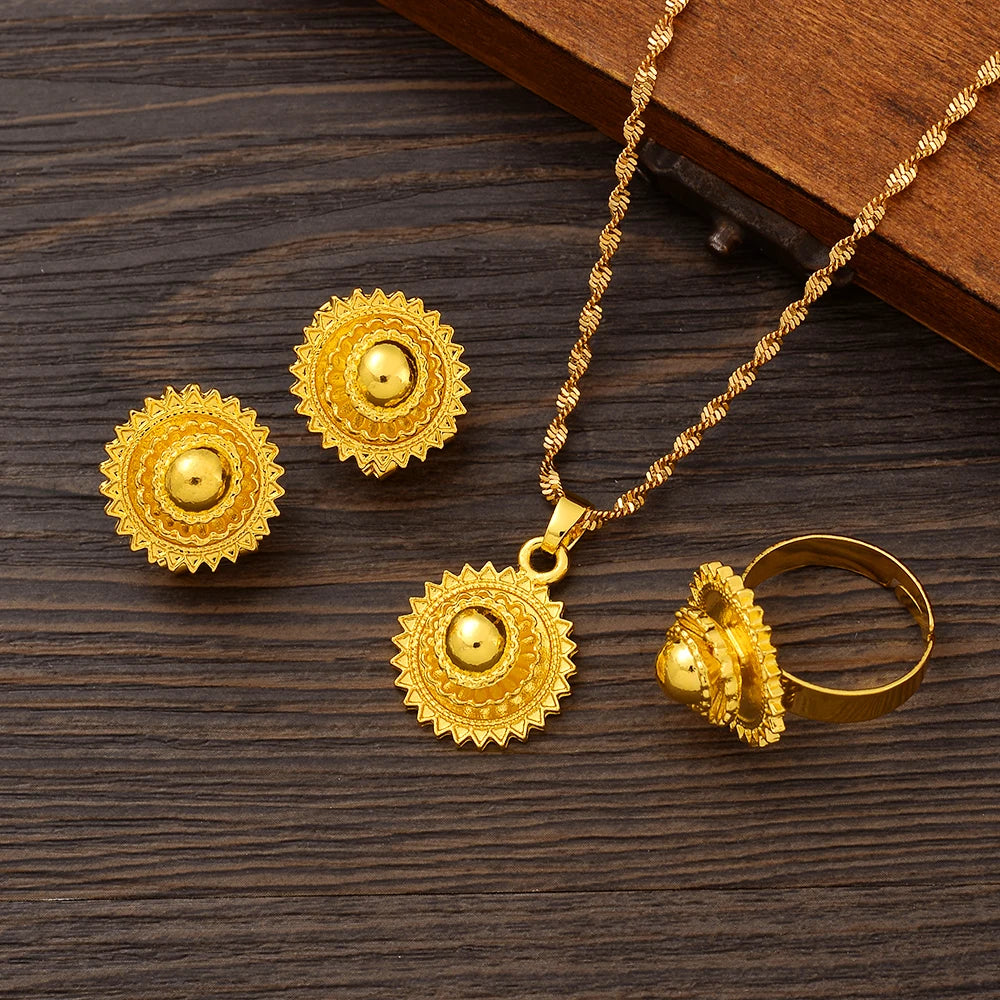 Eritrean Ethiopian Jewelry Pendant Necklaces Earrings Ring Headchain for Women Gold Color African Weeding Productss Gift