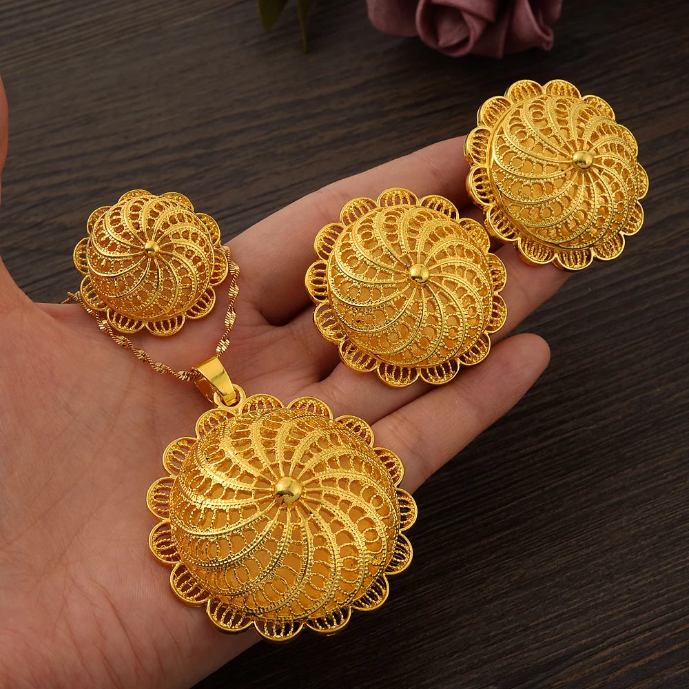 Gold Plated Fashion Ethiopian Big Size Earrings/Pendant/Ring Jewelry Sets Gold Plate Africa Bride Wedding Eritrea Set Gift