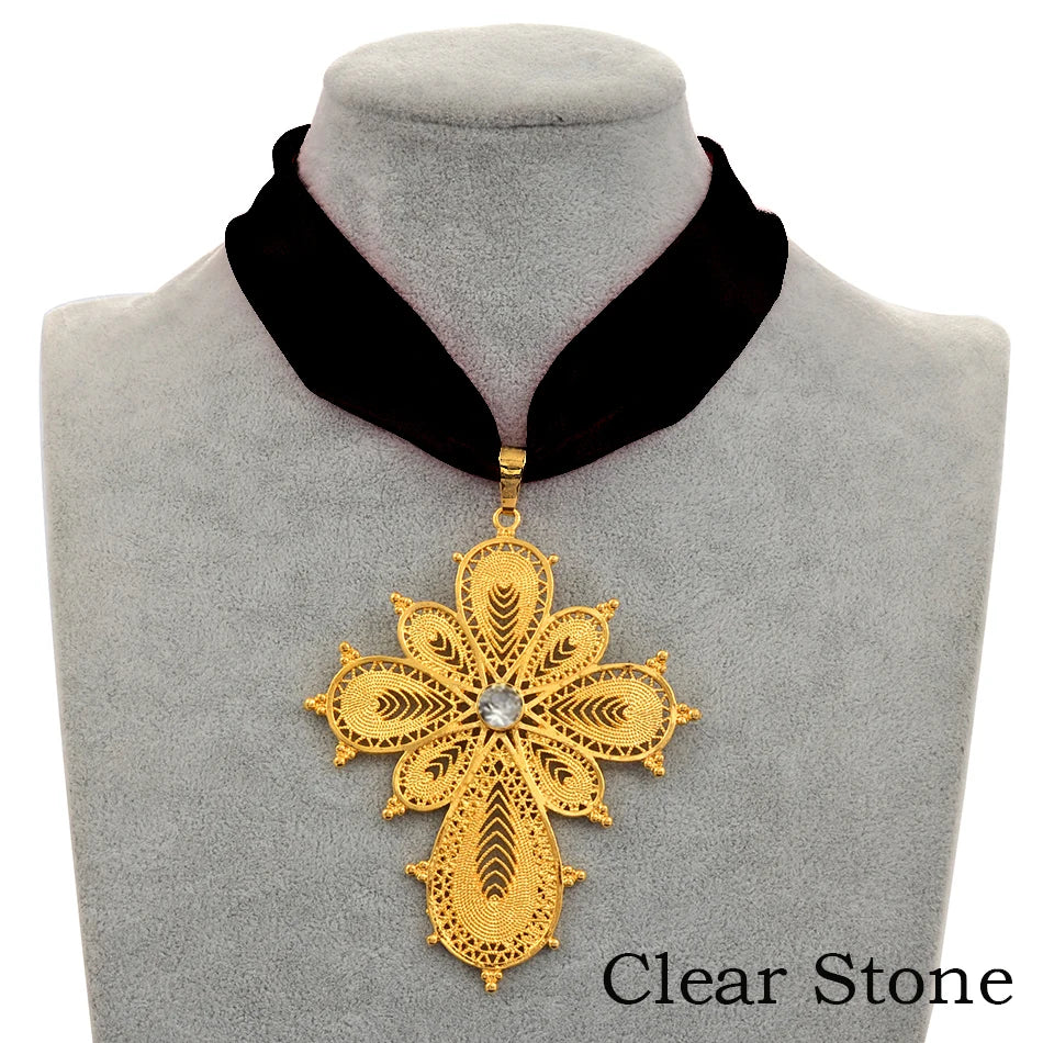 Ethiopian Wedding Party Cross Pendant DIY Rope Chain for Women ,Gold Color Eritrea Jewelry African Crosses