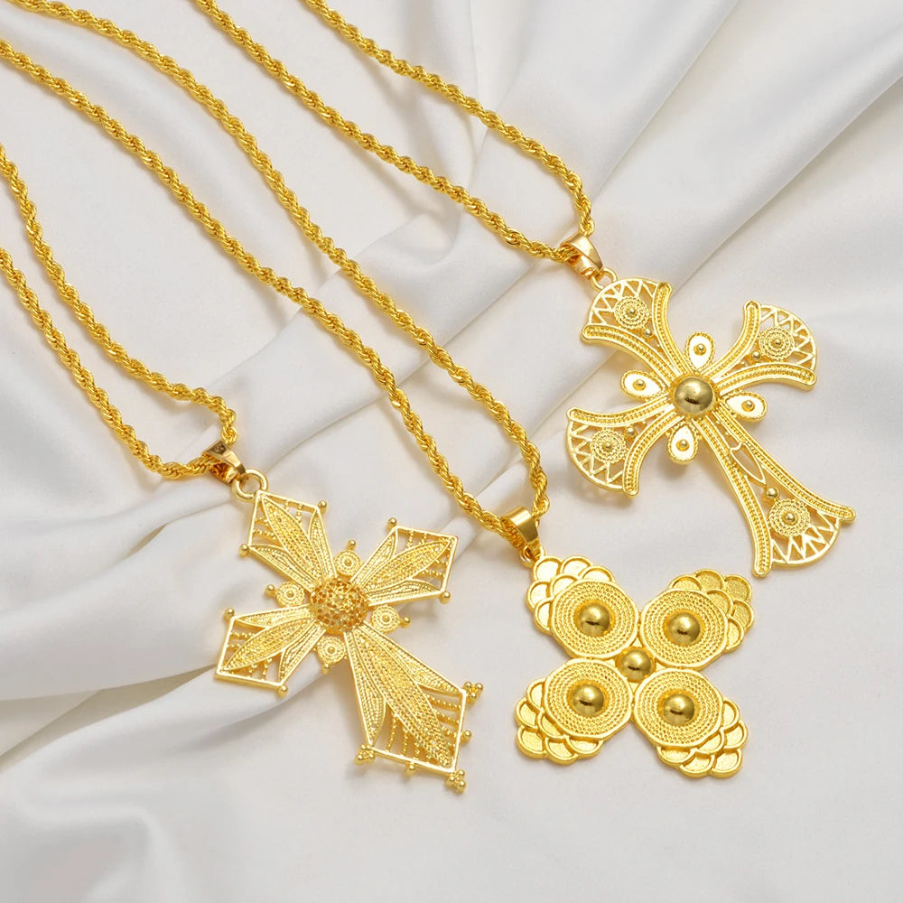 Ethiopian Cross Pendant Necklaces for Women  Gold Color Habesha Eritrean African Ethnic Traditional Jewelry