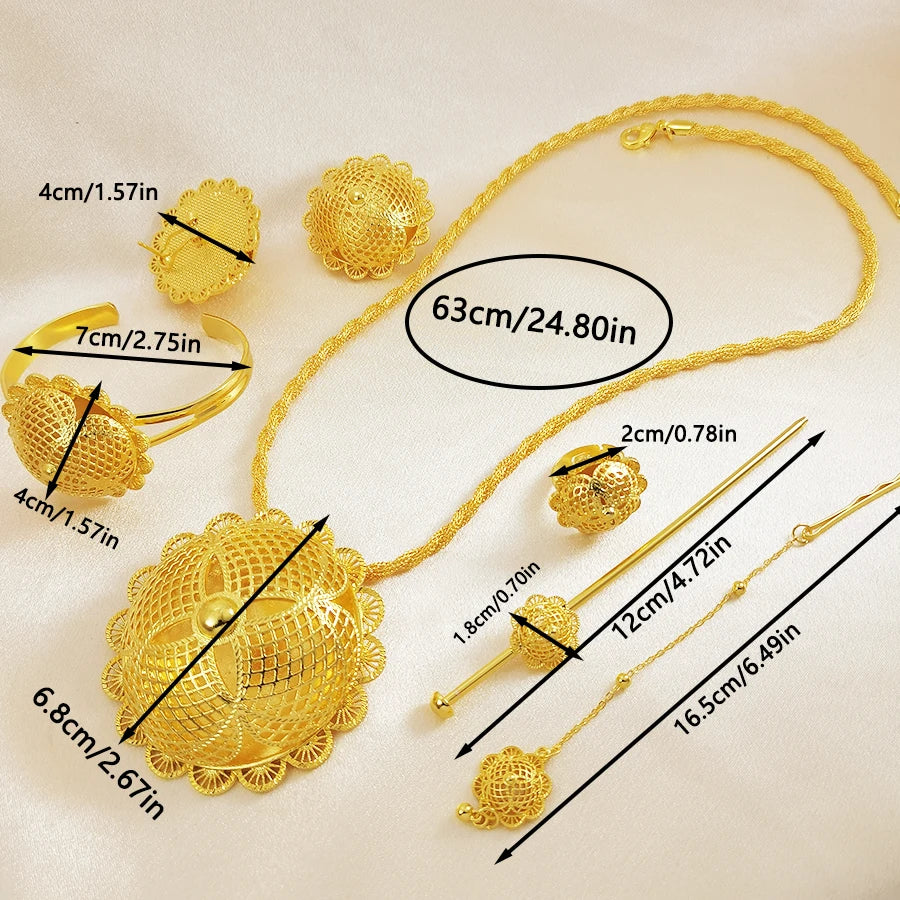 Luxury Gold Plated Filigree Jewelry Set Ethiopian Traditional Bib Necklace Bangle Earrings Ring for Women Wedding Gift