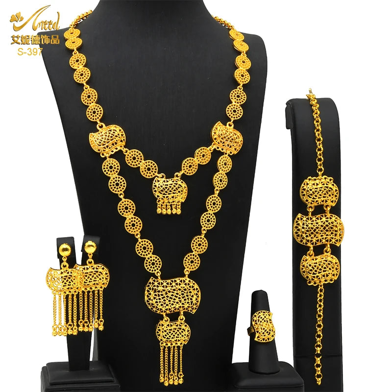 ANIID New Indian 24K Gold Color Long Necklace Set Nigerian Party Bridal Wedding Ethiopian Luxury Dubai Jewelry Wholesale Gifts