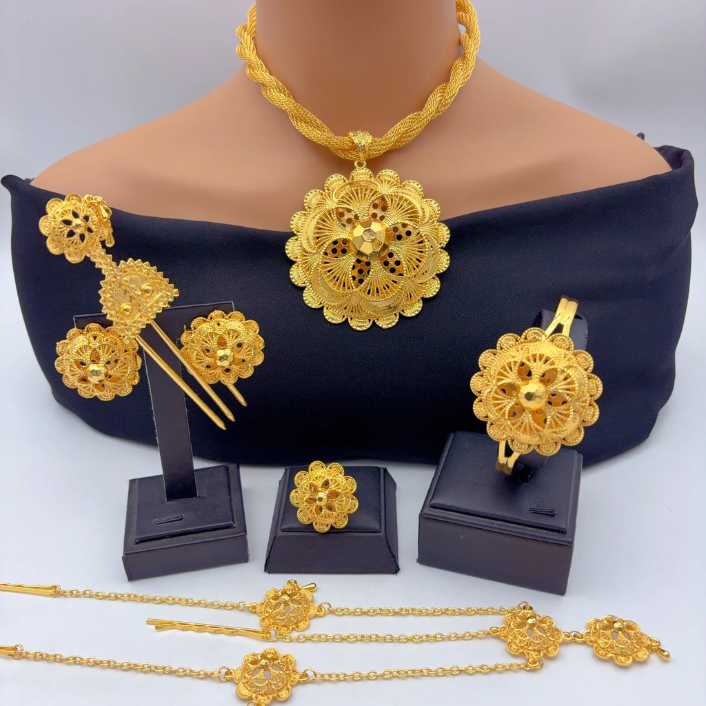 Dubai Ethiopian Twisted Necklace Sets For Women 6pcs Wedding Gold Plated African Jewelry Set Indian Jewellery Anniversary Gifts