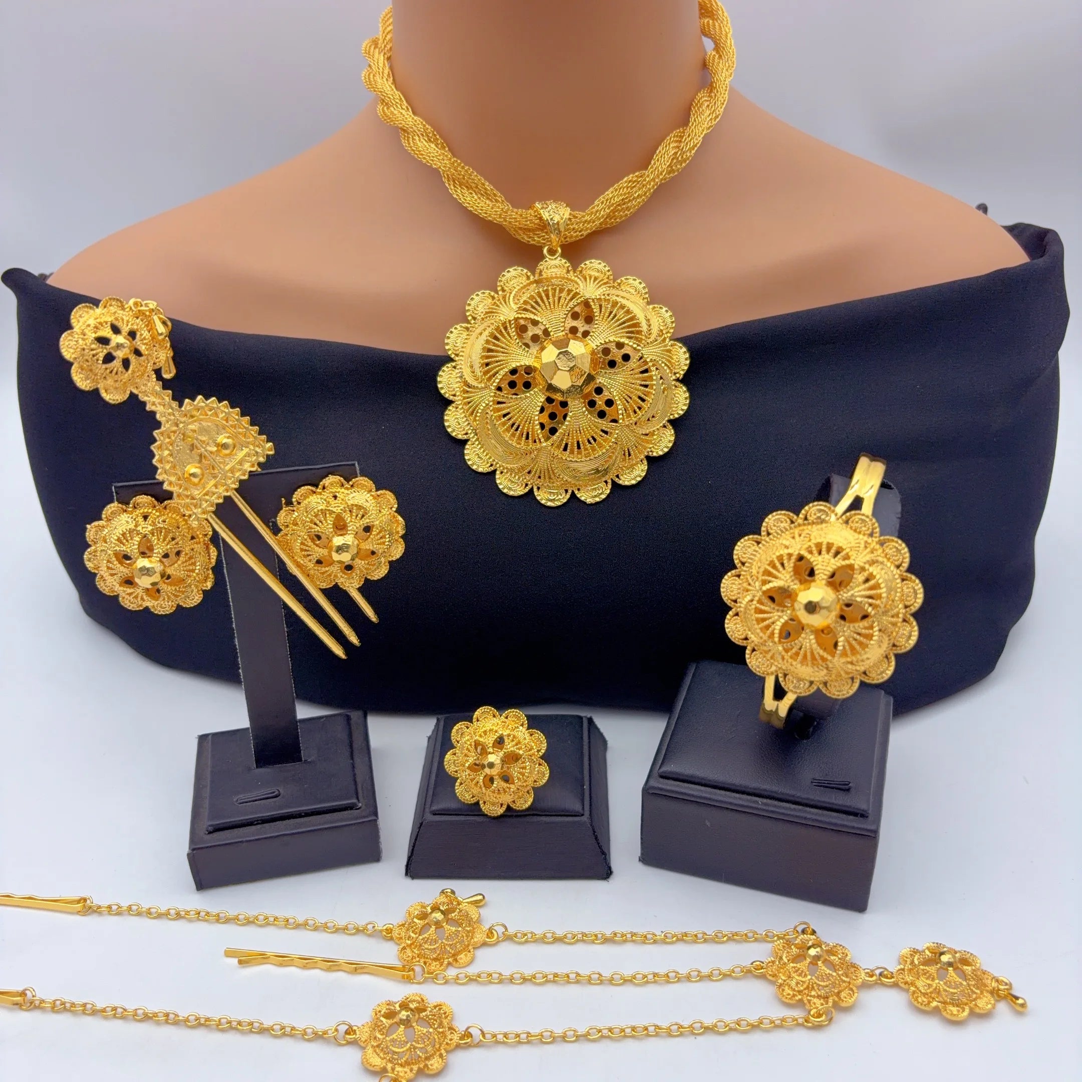 Dubai Ethiopian Twisted Necklace Sets For Women 6pcs Wedding Gold Plated African Jewelry Set Indian Jewellery Anniversary Gifts