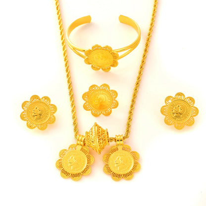 Gold Plated Double Pendant Jewelry Set Necklace/Earring/Ring/Bracelet Sets Ethiopia Africa Wedding Bride Woman Gift