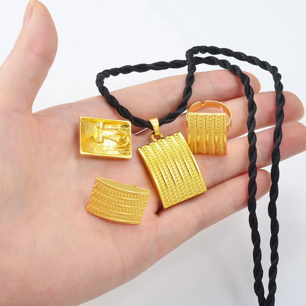Ethiopian Jewelry sets Pendant Black Rope Earrings Rings African Eritrean Habesha Wedding Accessories