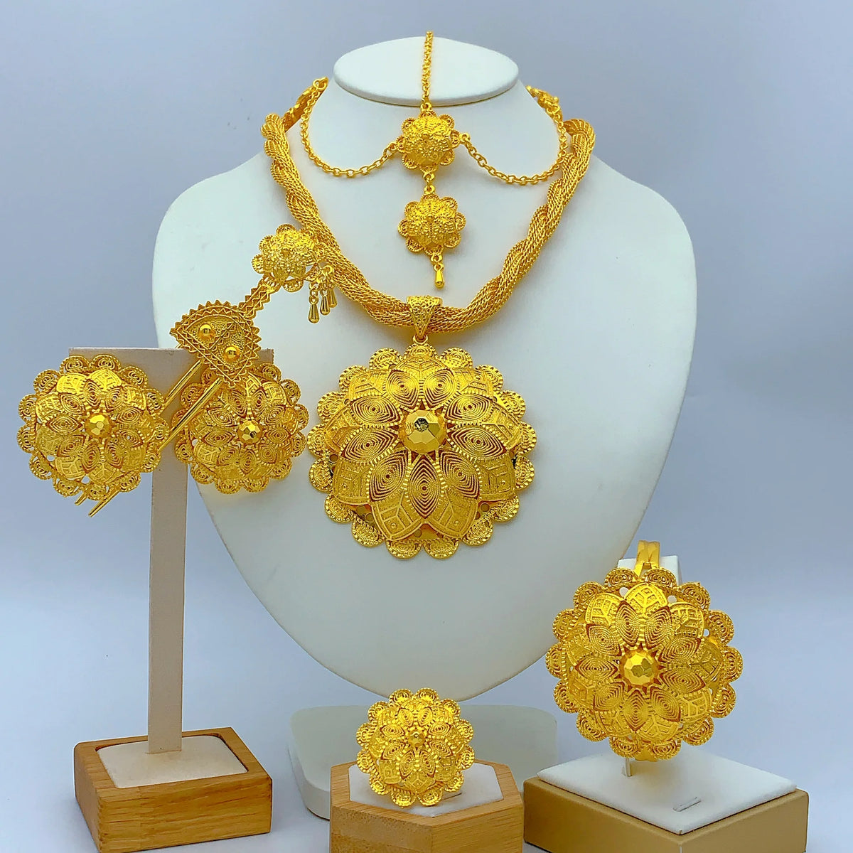 Ethiopian Gold Plated 6PCS Jewelry Set For Woman Big Pendant Necklace Wedding Engagement Gifts
