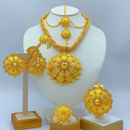 Ethiopian Gold Plated 6PCS Jewelry Set For Woman Big Pendant Necklace Wedding Engagement Gifts