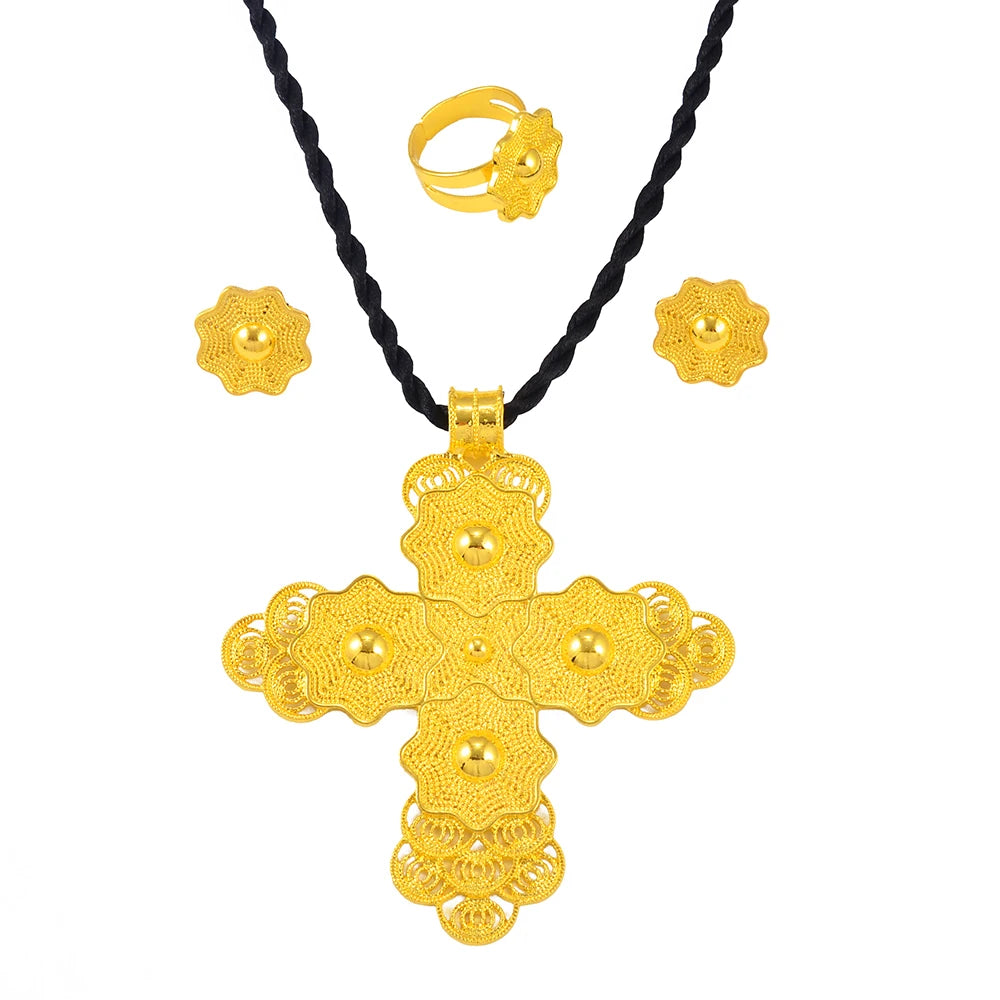 Ethiopian Large Pendant Necklaces Earrings Ring Gold Color Jewelry sets African Eritrean Traditional Ethnic Goods