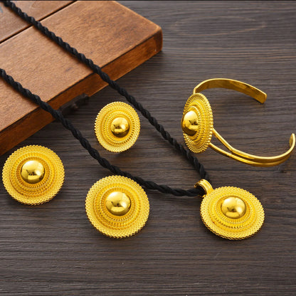 Africa Gold Color Round Geometry Jewelry Set Dubai Pendant Necklace Ring Earrings Arab Ethiopian Bride Wedding Party Gifts
