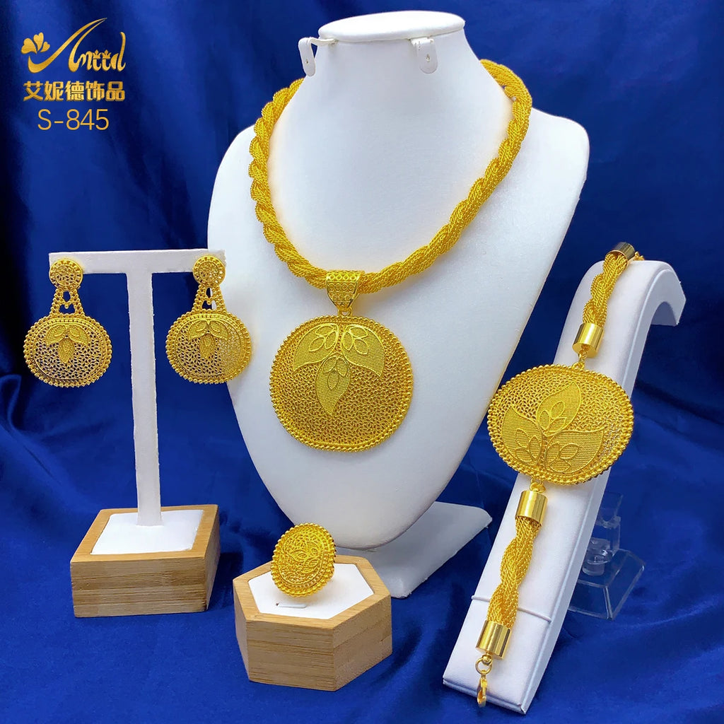 Luxury Ethiopian 24k Gold Color Twisted Necklace And Earrings Jewelry Sets For Women Dubai Indian Bridal Set Wedding