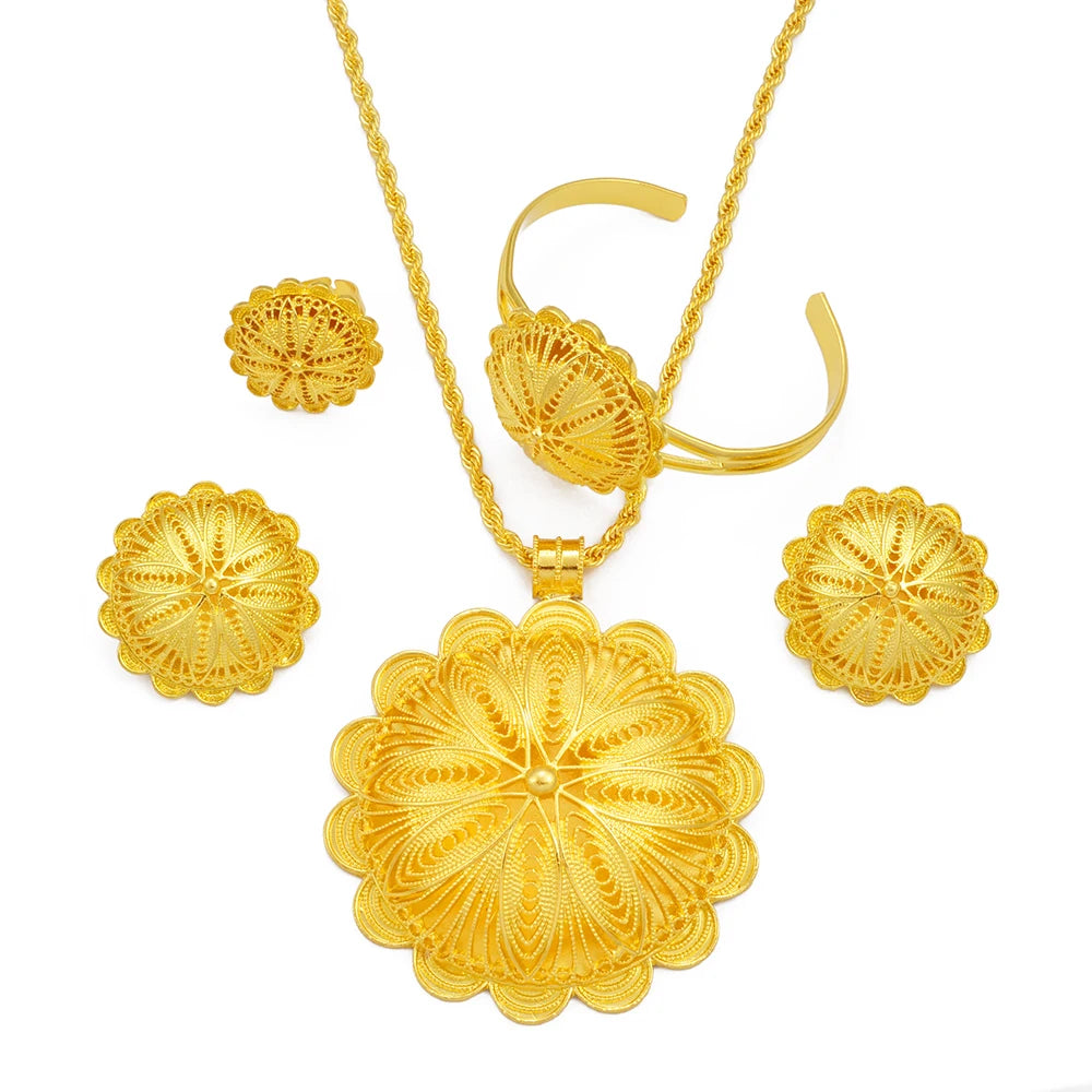 Big Pendant Necklace Earrings Bracelet Rings African Ethiopian Jewelry Sets Eritrean Arabic Wedding Decor