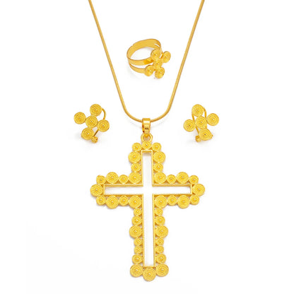 African Cross Necklace Earrings Ring Jewelry Sets Silver & Gold Color Ethiopian Eritrean Holiday Party Ornaments