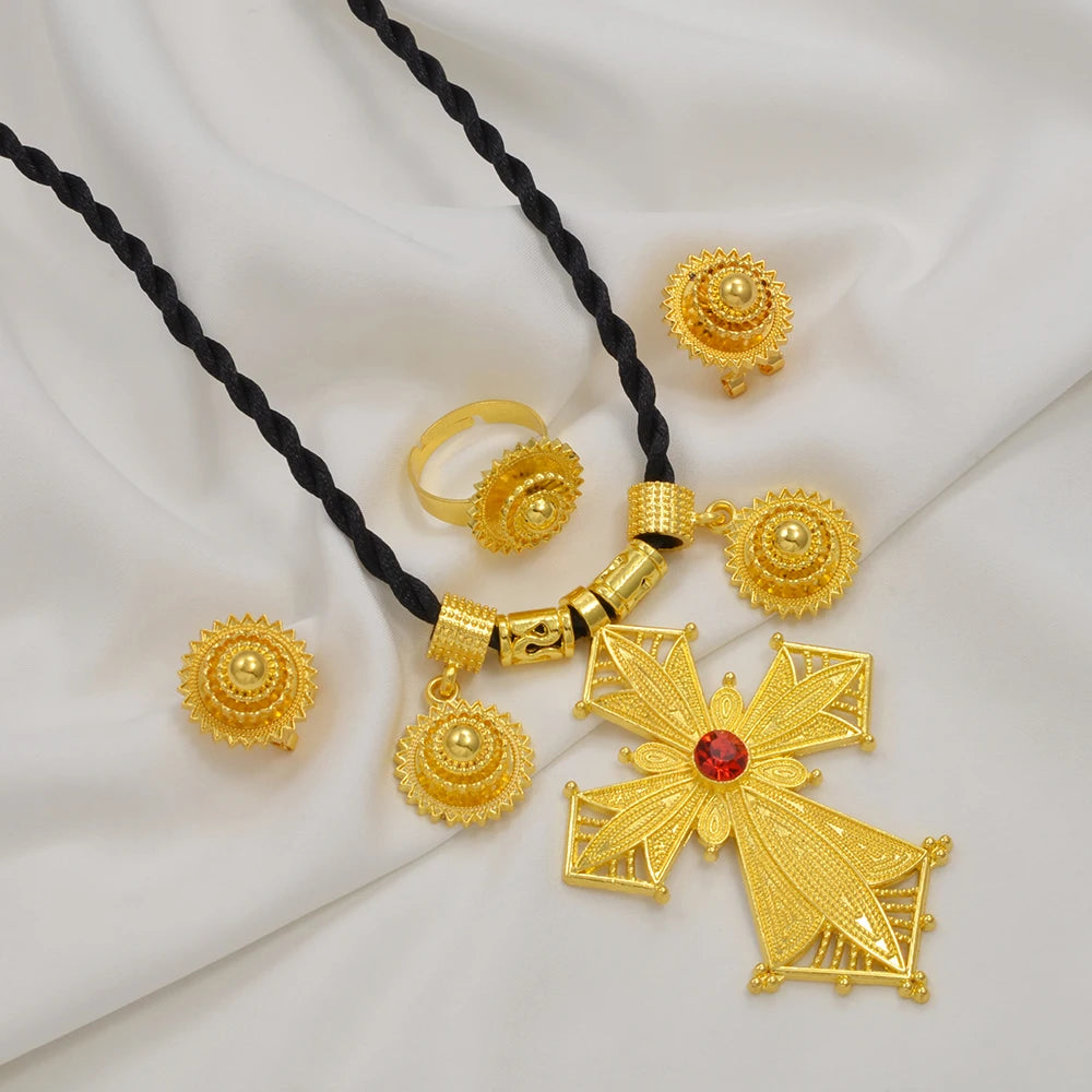 African Cross Necklaces Earrings Ring Jewelry Sets Ethiopian Eritrean Engagement Ornament