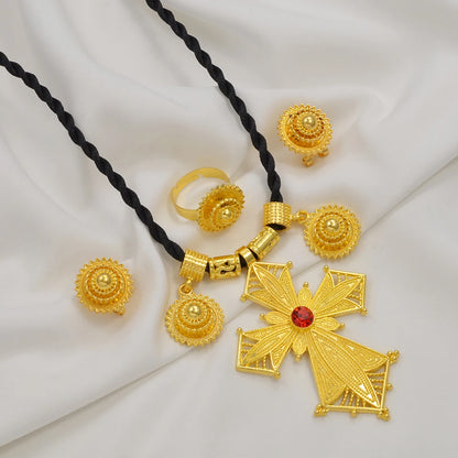 African Cross Necklaces Earrings Ring Jewelry Sets Ethiopian Eritrean Engagement Ornament
