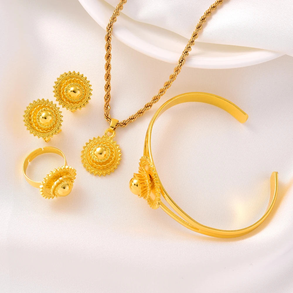 Eritrean Ethiopian Jewelry Pendant Necklaces Earrings Ring Headchain for Women Gold Color African Weeding Productss Gift