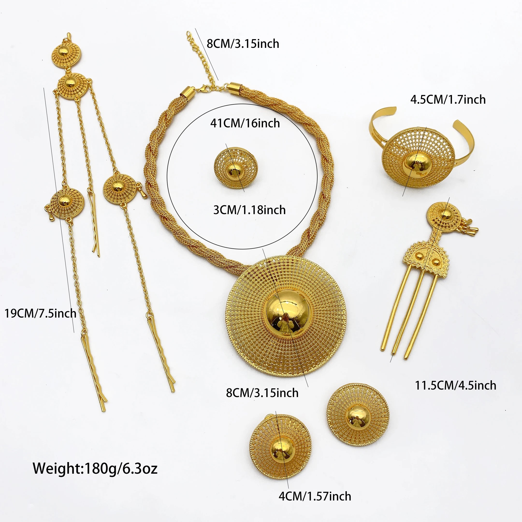 Ethiopian 24k Plated Gold 6PCS Jewelry Set For Woman's African Indian Big Pendant Necklace Wedding Engagement Gifts
