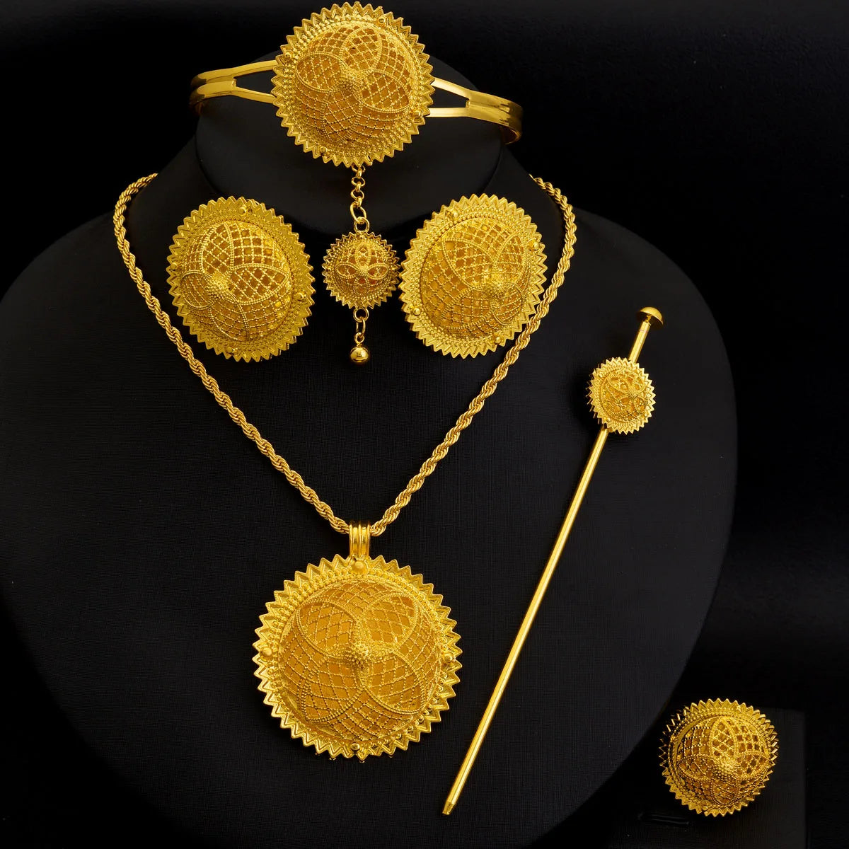 Golden Color Jewelry Set Women Pendan Ring Earring Bangle Head Chain Hairpin Ethiopian Bride Wedding Gifts