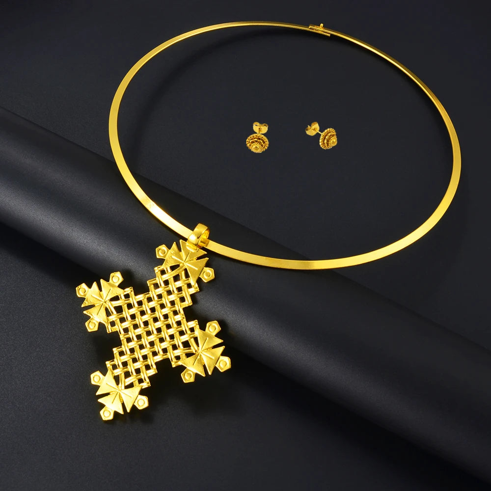 BIG Cross Collar Round Pendant & 1CM Small Earrings Choker Ethiopia Birthday Jewelry sets Africa Eritrean Habesha
