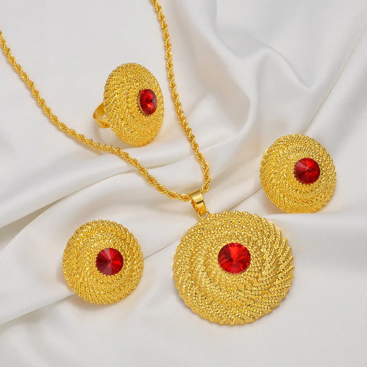 Ethiopian Jewelry Sets RED/BLUE/GREEN Pendant Necklaces Earrings Rings Habesha Eritrean African Marriage Dowry