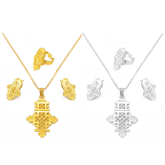 Ethiopian Cross Jewelry sets Necklaces Earrings Ring for Women  Gold Color Eritrean African Bridal Goods