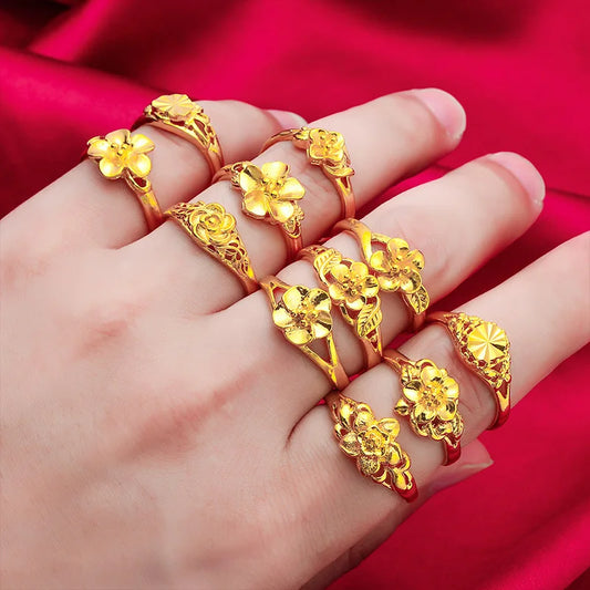 Ethiopia Flower Gold Color Rings Resizable For Women Wedding Jewelry African Party Gift