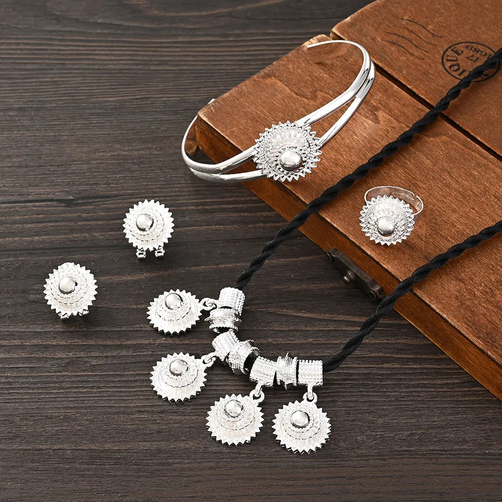 Silver Plated Plain Ethiopian Eritrea Ethnic Classic Big Size Earring/2PCS Pendant/Ring /Bracelet Jewelry Bride Wedding Set Gifts