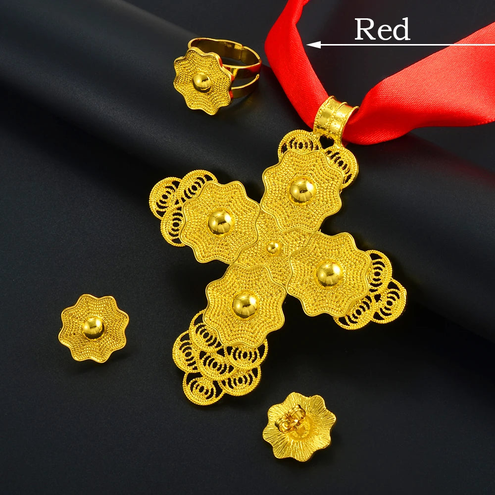 Ethiopian Large Pendant Necklaces Earrings Ring Gold Color Jewelry sets African Eritrean Traditional Ethnic Goods