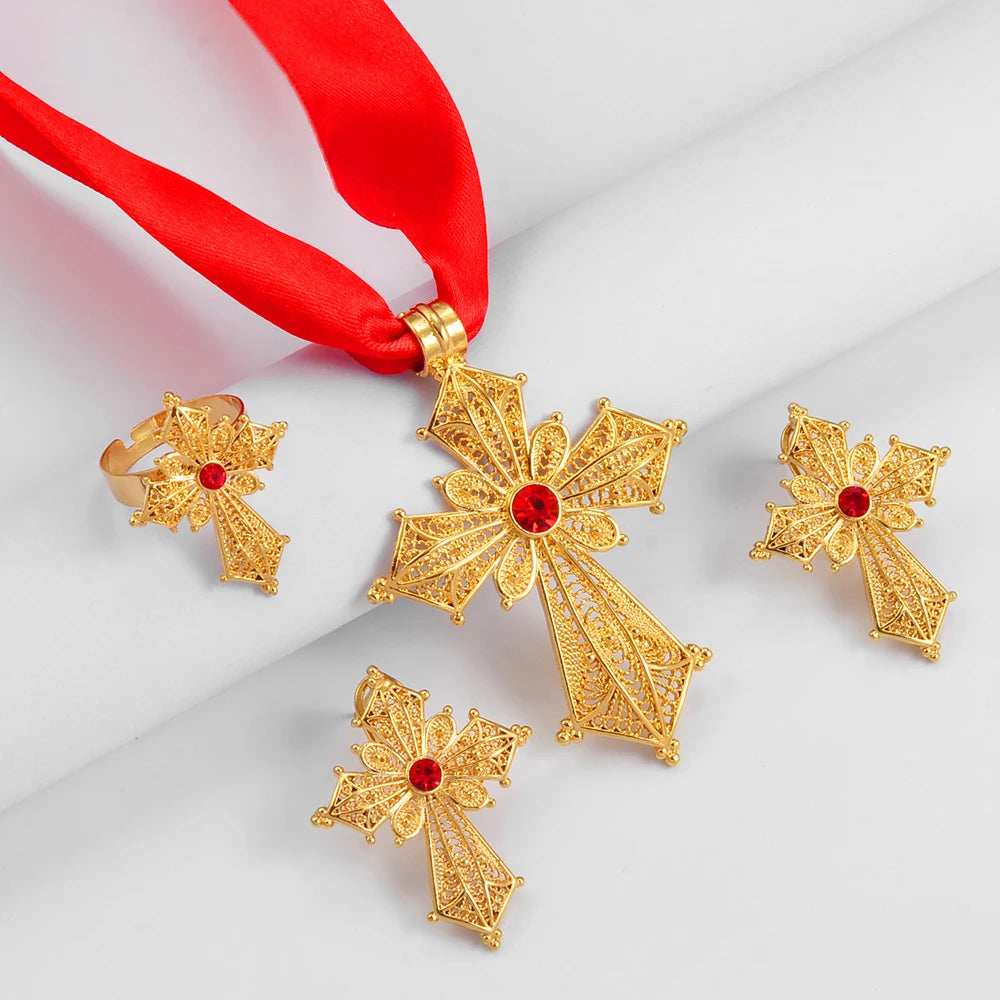 Silver/Gold Color Ethiopian Cross Jewelry sets Necklaces Earrings Rings African Eritrean Habesha Accessories