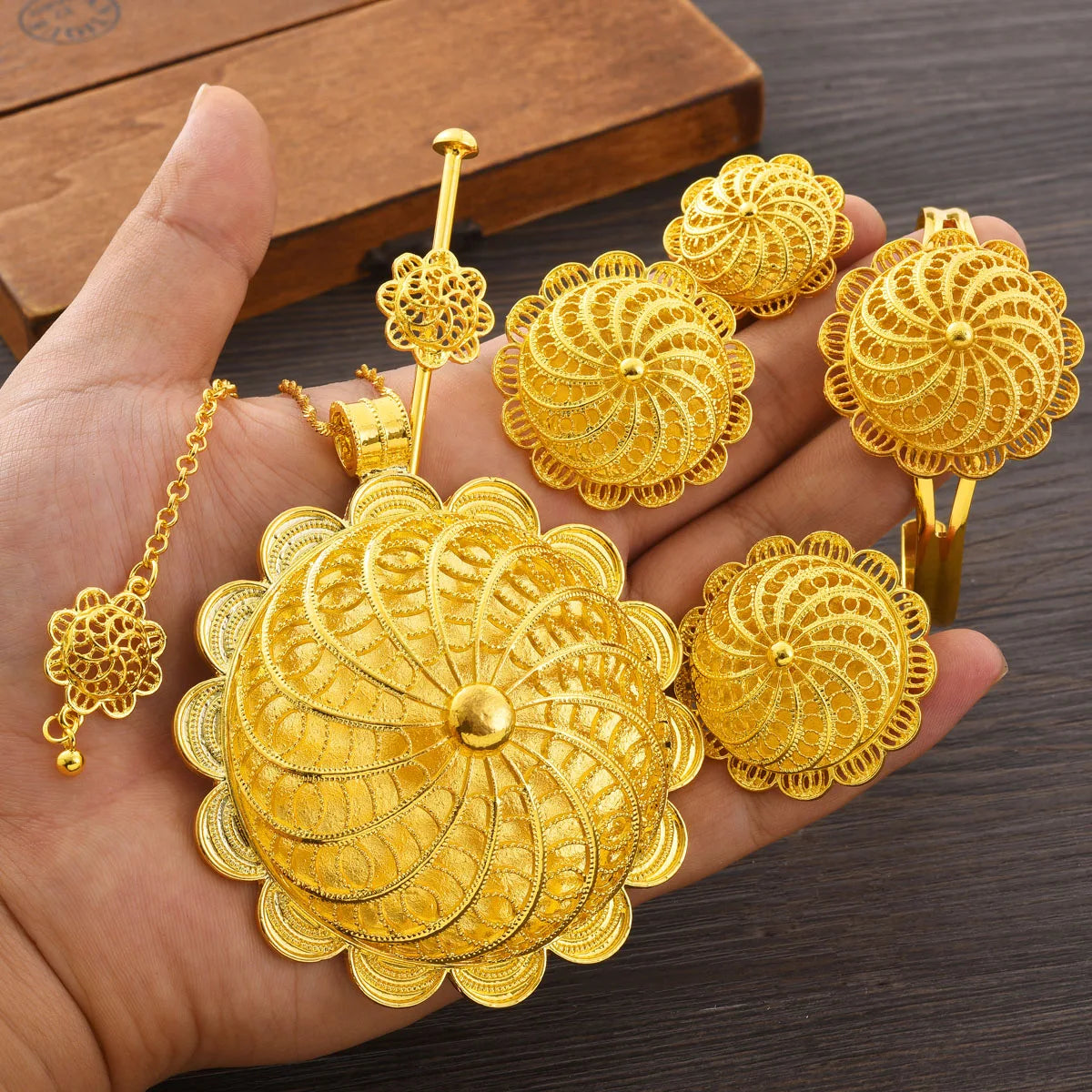 Ethiopian Gold Color Jewelry Sets Big Pendant Necklace Earrings Bracelet Rings  Gift Bride Wedding Party