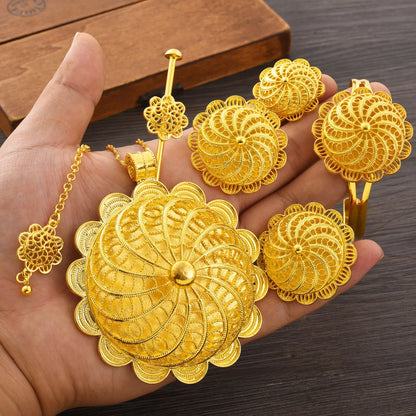 Ethiopian Gold Color Jewelry Sets Big Pendant Necklace Earrings Bracelet Rings  Gift Bride Wedding Party