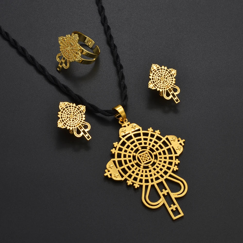 Ethiopian Cross Necklace Earrings Rings African Fashion Jewelry Sets Women  Eritrean Habesha Accessories