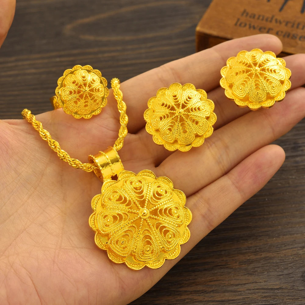 Gold Plated Fashion Ethiopian Big Size Earrings/Pendant/Ring Jewelry Sets Gold Plate Africa Bride Wedding Eritrea Set Gift