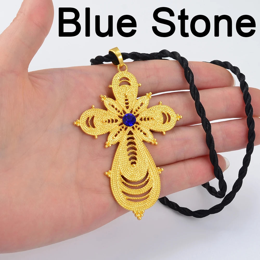 7.6CM Ethiopian Big Cross Pendant Black Rope for Women ,Eritrean Wedding Jewelry African Crosses
