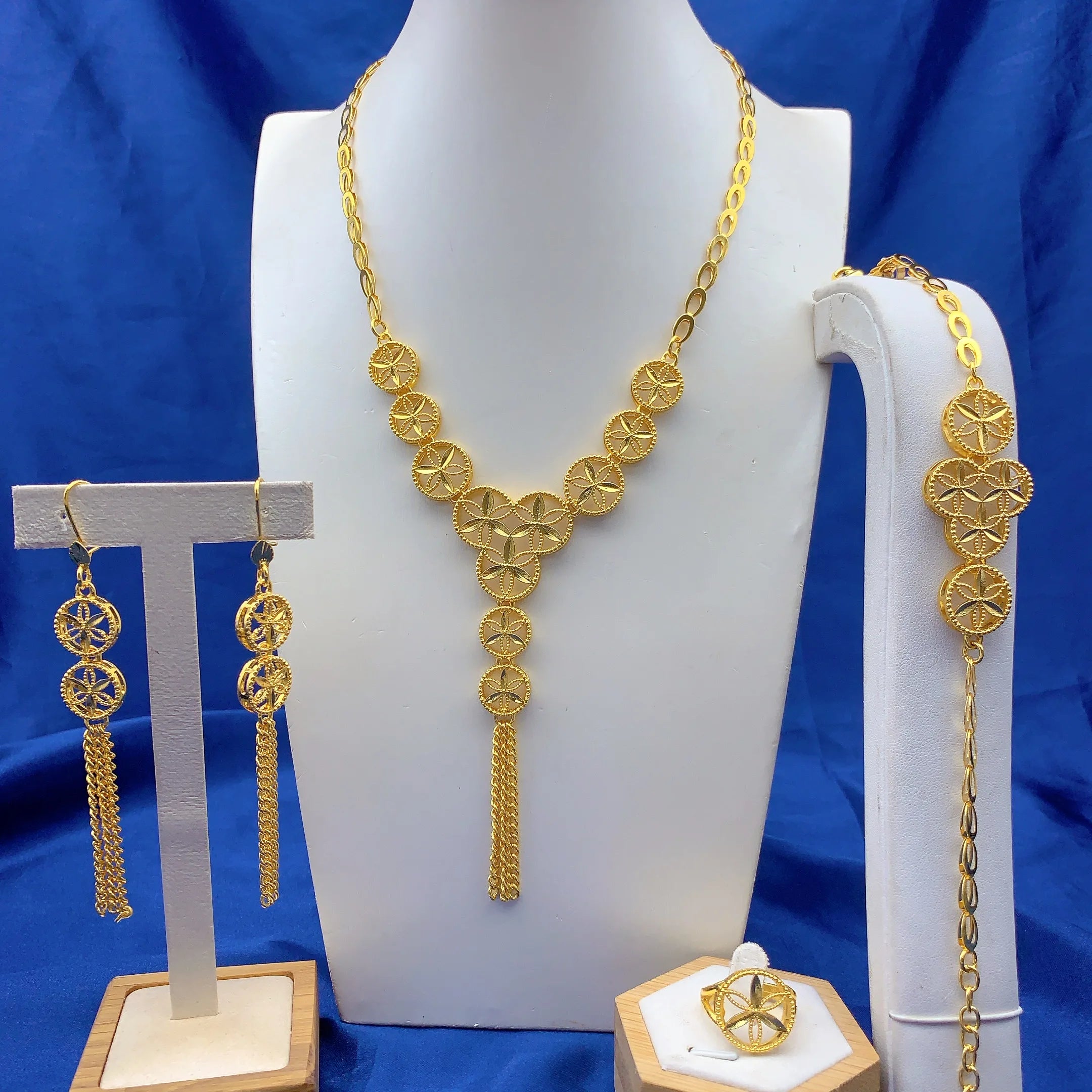 Ethiopian 24K Gold Color Jewelry Set For Women Bridal Dubai Nigerian Long Tassel Necklace Bracelet Earring Ring Sets Party Gift