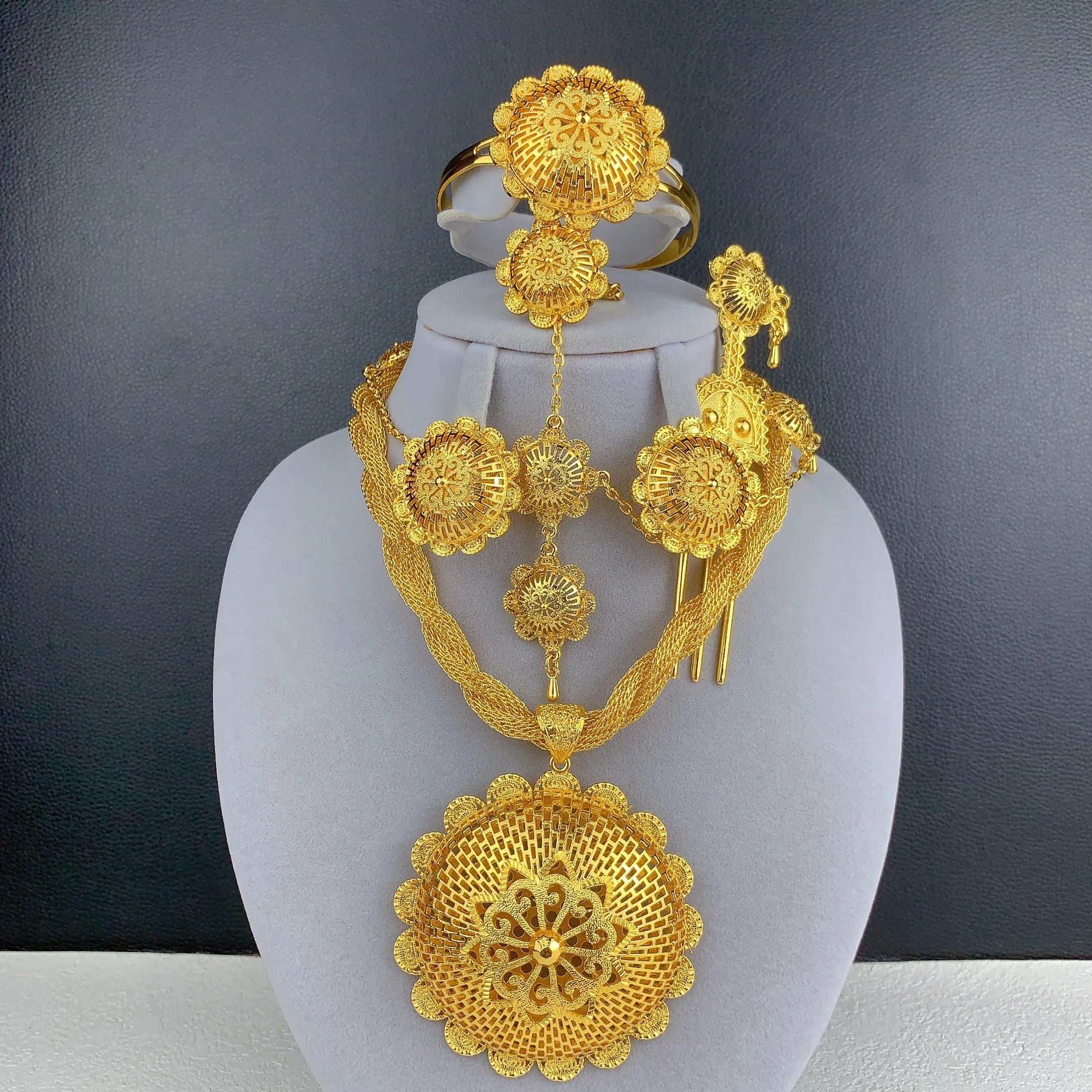 Dubai Ethiopian Twisted Necklace Sets For Women 6pcs Wedding Gold Plated African Jewelry Set Indian Jewellery Anniversary Gifts
