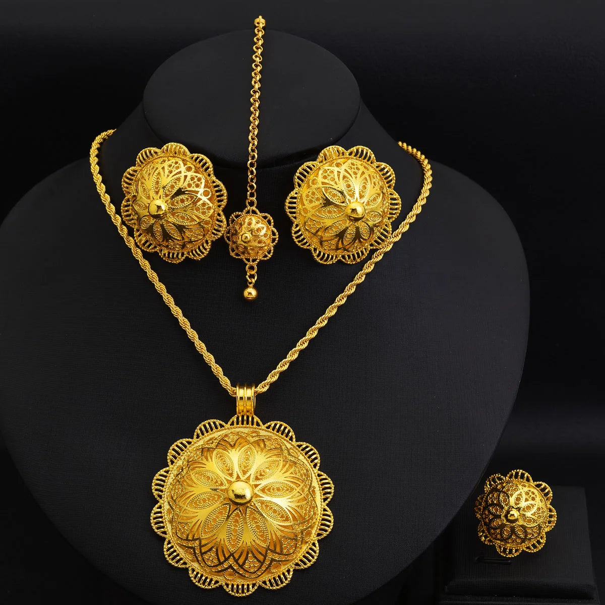 Women Exquisite Luxury Jewelry Set Big Pendant Necklace Ring Earrings Head Chain African Bride Wedding Tradional Gift