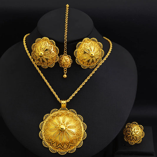 Women Exquisite Luxury Jewelry Set Big Pendant Necklace Ring Earrings Head Chain African Bride Wedding Tradional Gift