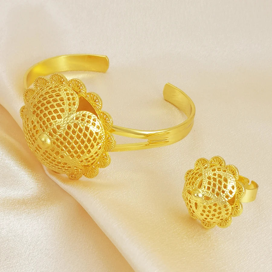 Luxury Gold Plated Filigree Jewelry Set Ethiopian Traditional Bib Necklace Bangle Earrings Ring for Women Wedding Gift