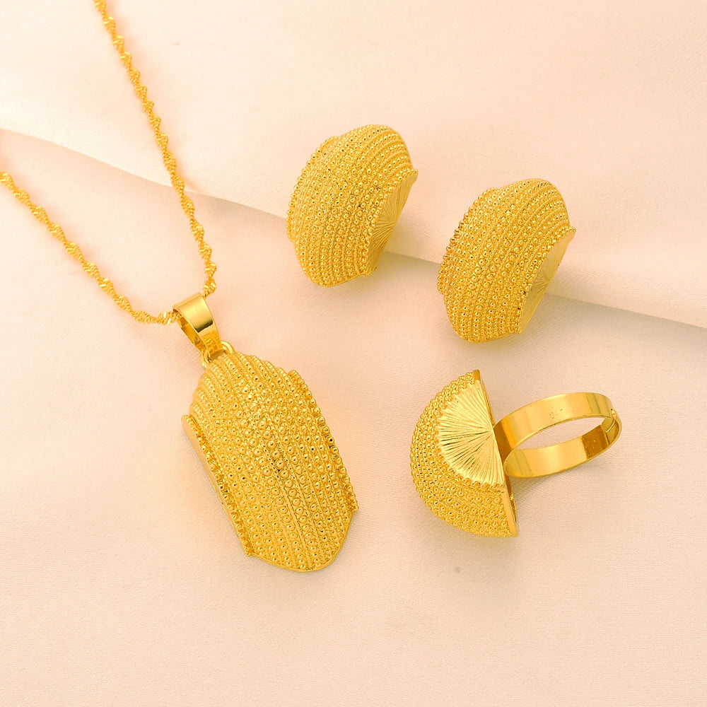 Gold Plated Fashion Ethiopian Big Size Earrings/Pendant/Ring Jewelry Sets Gold Plate Africa Bride Wedding Eritrea Set Gift