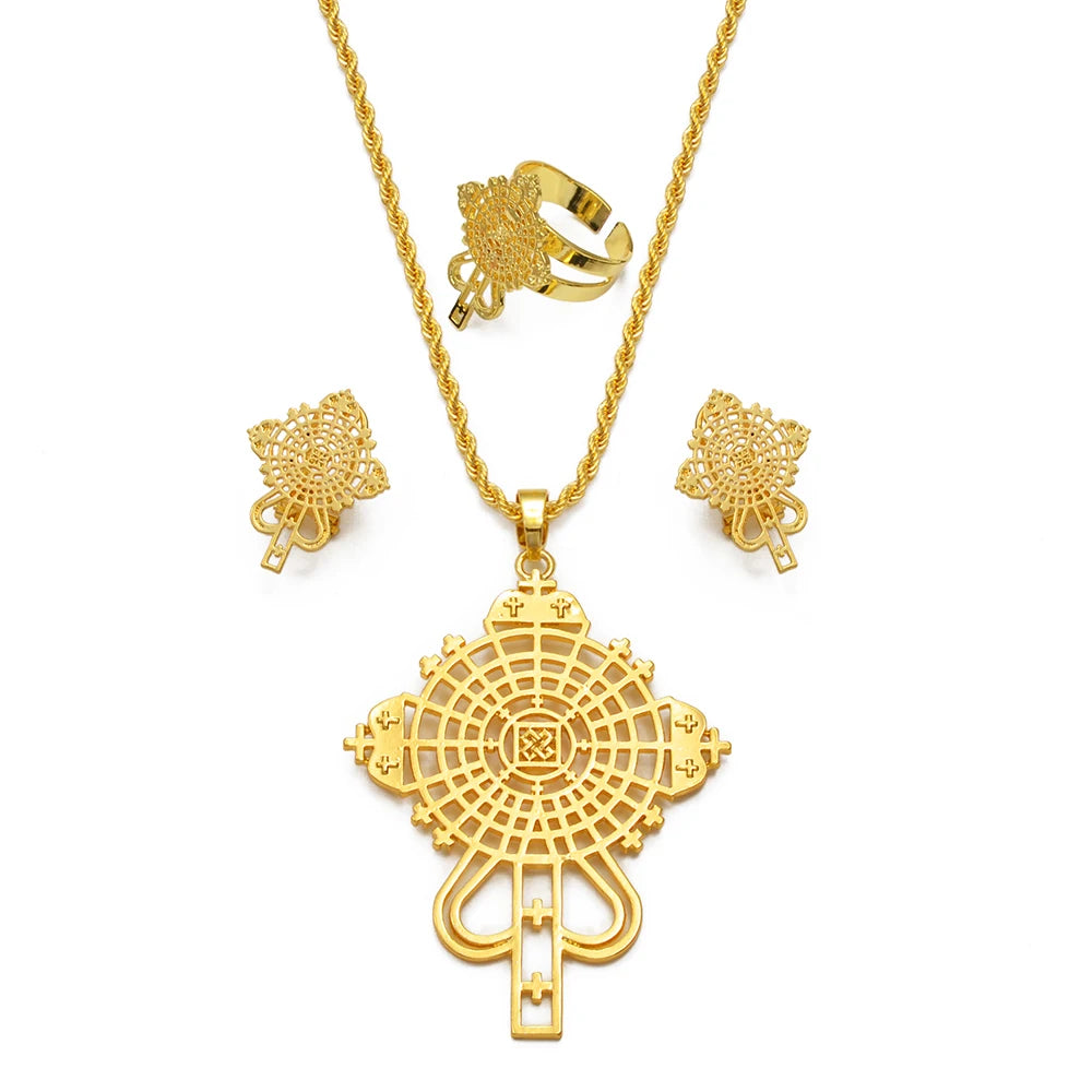 Ethiopian Cross Necklace Earrings Rings African Fashion Jewelry Sets Women  Eritrean Habesha Accessories