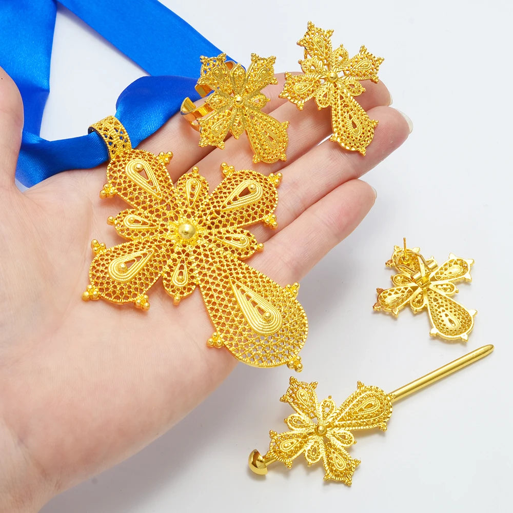 Ethiopian Cross Jewelry sets Silver/Gold Color Necklaces Earrings Ring Hairpin Eritrean African Ethnic Wedding