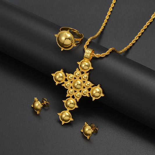 Ethiopian Cross Necklace Earrings Rings African Party Jewelry Set Women  Eritrean Habesha Accessories