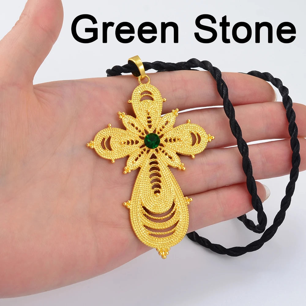7.6CM Ethiopian Big Cross Pendant Black Rope for Women ,Eritrean Wedding Jewelry African Crosses