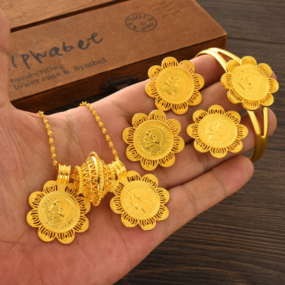 Gold Plated Double Pendant Jewelry Set Necklace/Earring/Ring/Bracelet Sets Ethiopia Africa Wedding Bride Woman Gift