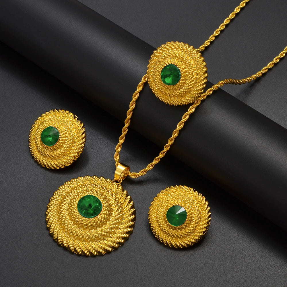Ethiopian Jewelry Sets RED/BLUE/GREEN Pendant Necklaces Earrings Rings Habesha Eritrean African Marriage Dowry